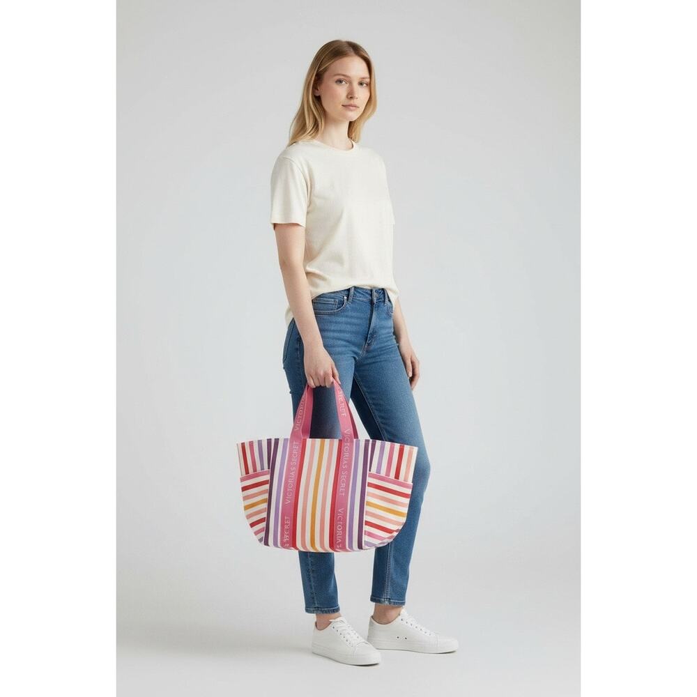 NWT Victoria's Secret Multicolor Striped Canvas Beach Tote Bag Large Summer - Picture 3 of 10